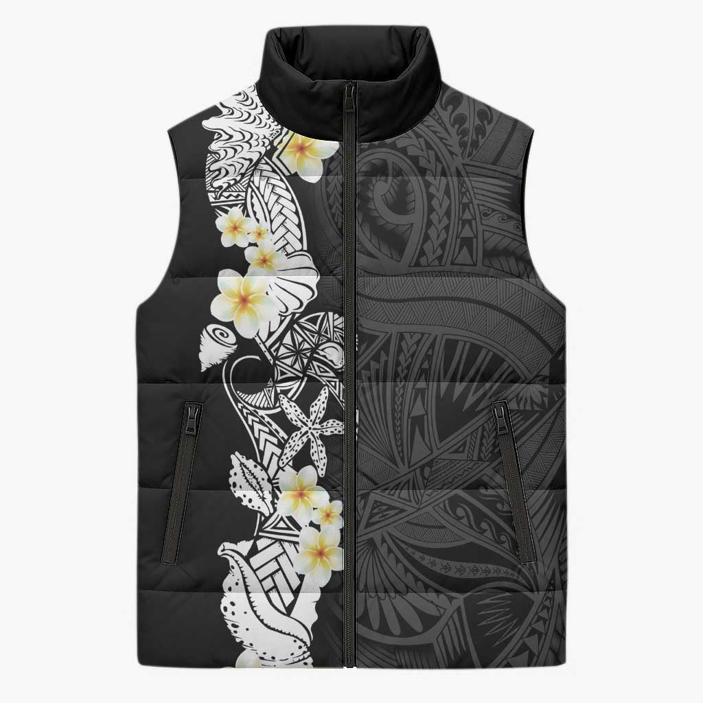 Black Samoa Tattoo Sleeveless Puffer Jacket Plumeria Samoan Ocean Tatau Pattern LT14 Unisex Black - Polynesian Pride