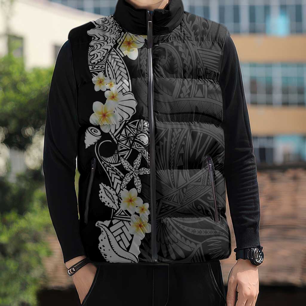 Black Samoa Tattoo Sleeveless Puffer Jacket Plumeria Samoan Ocean Tatau Pattern LT14 - Polynesian Pride