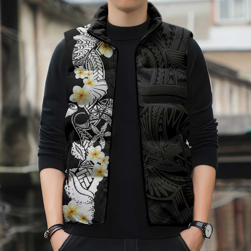 Black Samoa Tattoo Sleeveless Puffer Jacket Plumeria Samoan Ocean Tatau Pattern LT14 - Polynesian Pride