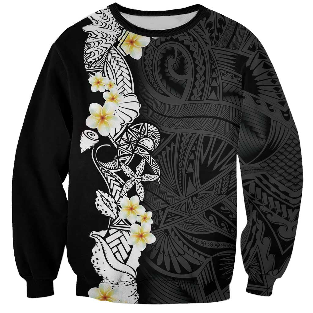 Black Samoa Tattoo Sweatshirt Plumeria Samoan Ocean Tatau Pattern LT14 Unisex Black - Polynesian Pride