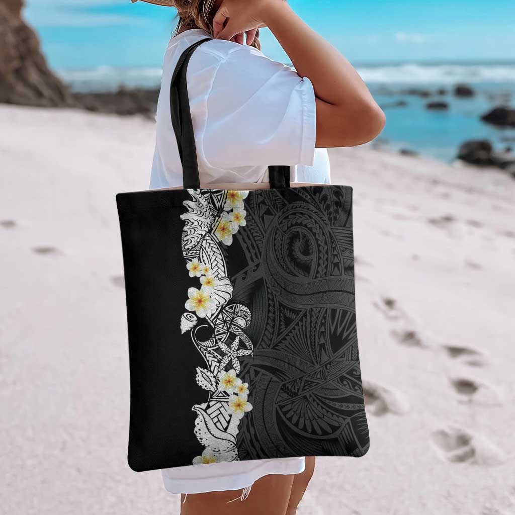 Black Samoa Tattoo Tote Bag Plumeria Samoan Ocean Tatau Pattern LT14 - Polynesian Pride