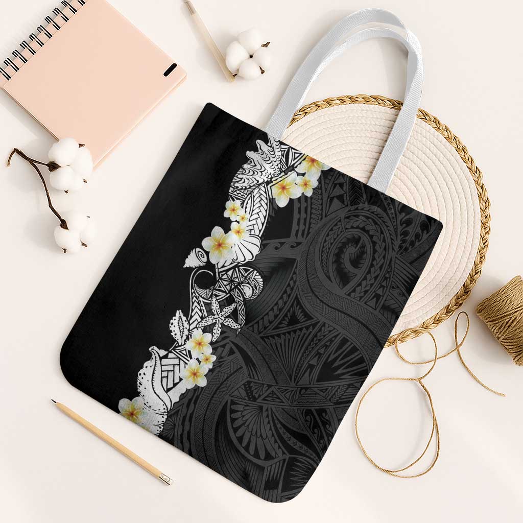 Black Samoa Tattoo Tote Bag Plumeria Samoan Ocean Tatau Pattern LT14 White Strap One Size Black - Polynesian Pride