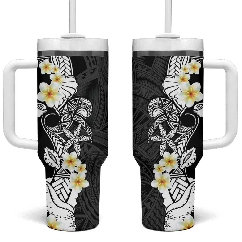 Black Samoa Tattoo Tumbler With Handle Plumeria Samoan Ocean Tatau Pattern LT14 One Size: 40 oz Black - Polynesian Pride