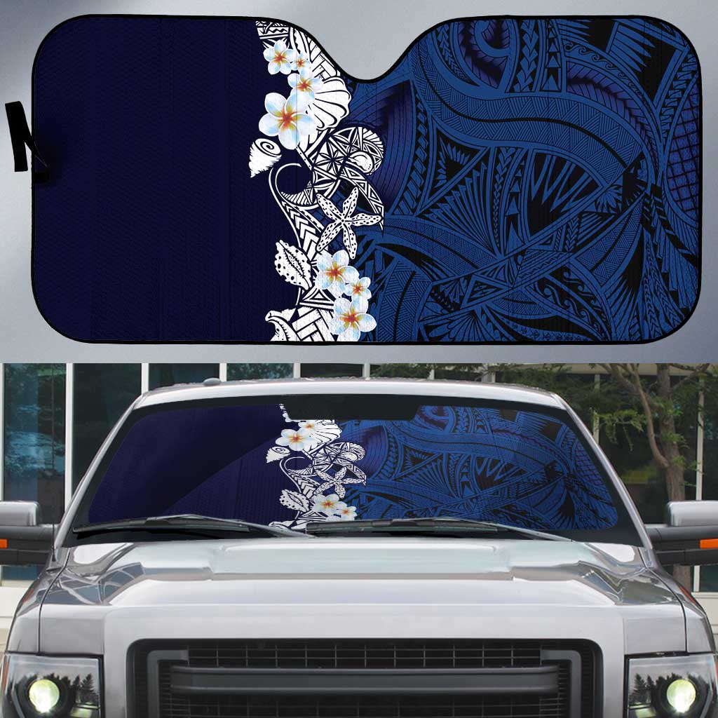 Blue Samoa Tattoo Auto Sun Shade Plumeria Samoan Ocean Tatau Pattern LT14 Blue - Polynesian Pride