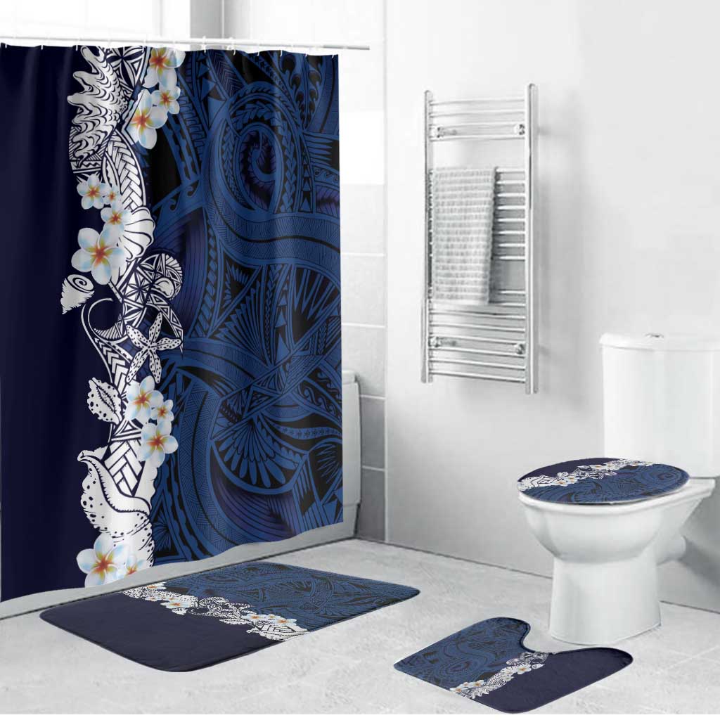 Blue Samoa Tattoo Bathroom Set Plumeria Samoan Ocean Tatau Pattern LT14 Bathroom Set (4 pcs) Blue - Polynesian Pride