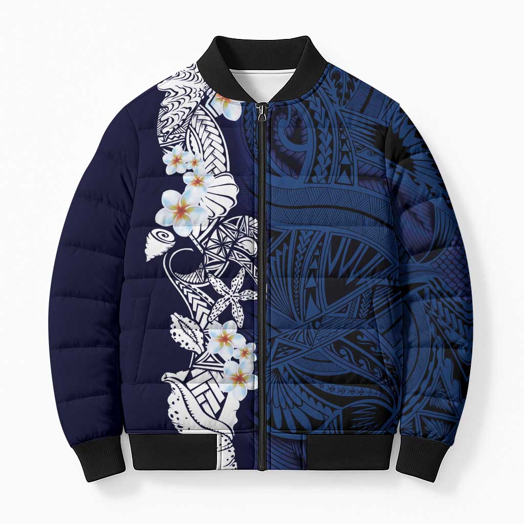 Blue Samoa Tattoo Bomber Puffer Jacket Plumeria Samoan Ocean Tatau Pattern LT14 Unisex Blue - Polynesian Pride