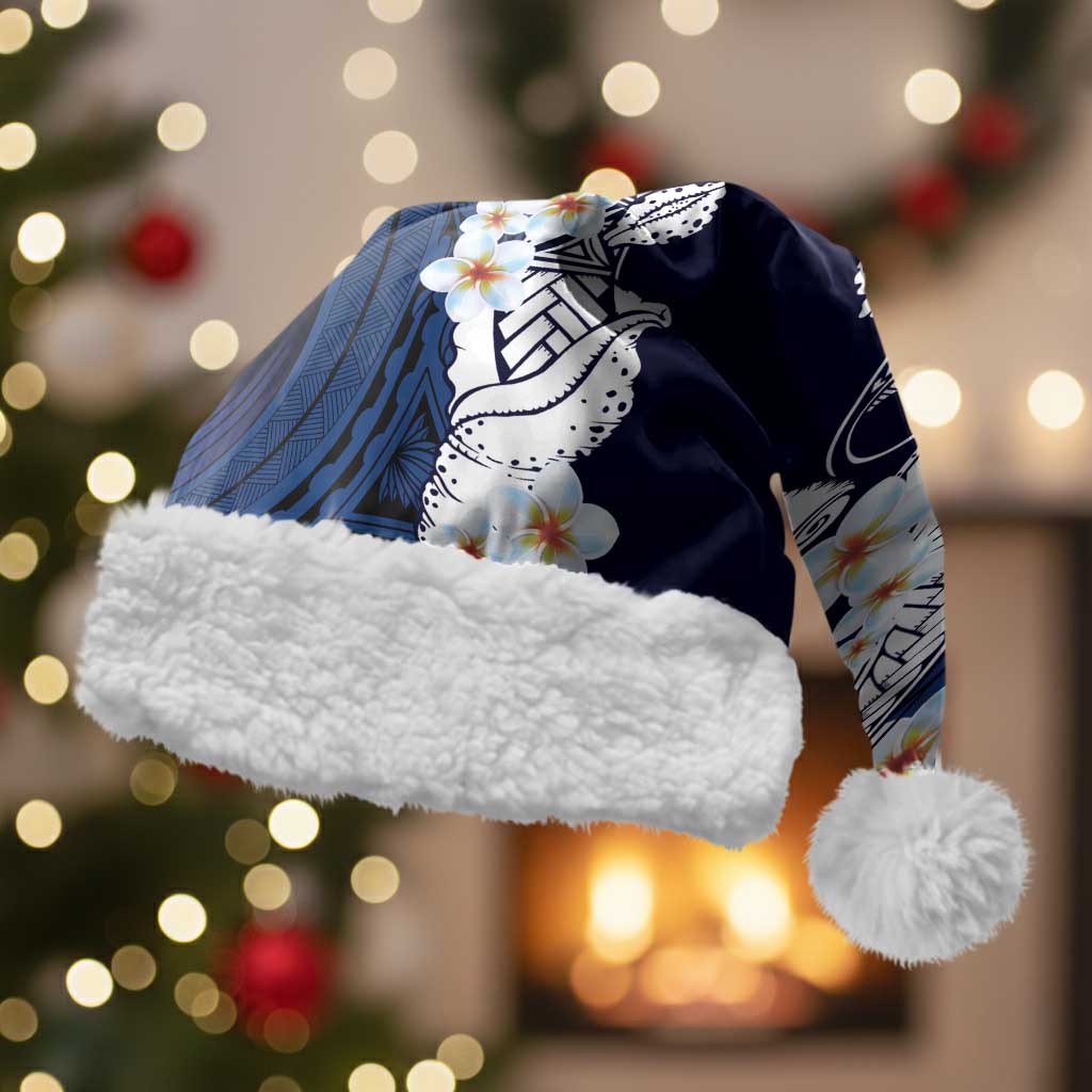 Blue Samoa Tattoo Christmas Santa Hat Plumeria Samoan Ocean Tatau Pattern LT14 With Fur Blue - Polynesian Pride