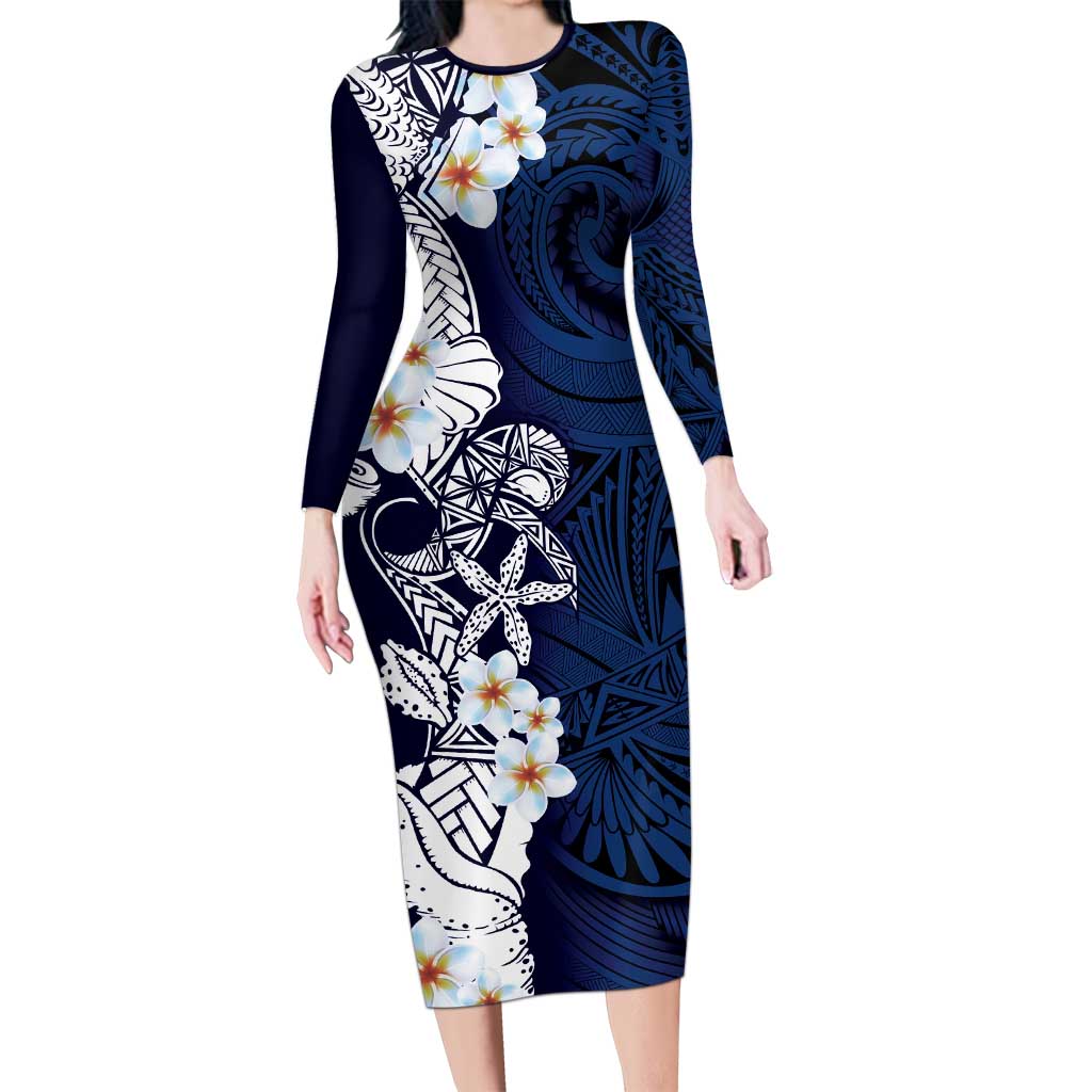 Blue Samoa Tattoo Long Sleeve Bodycon Dress Plumeria Samoan Ocean Tatau Pattern LT14 Long Dress Blue - Polynesian Pride