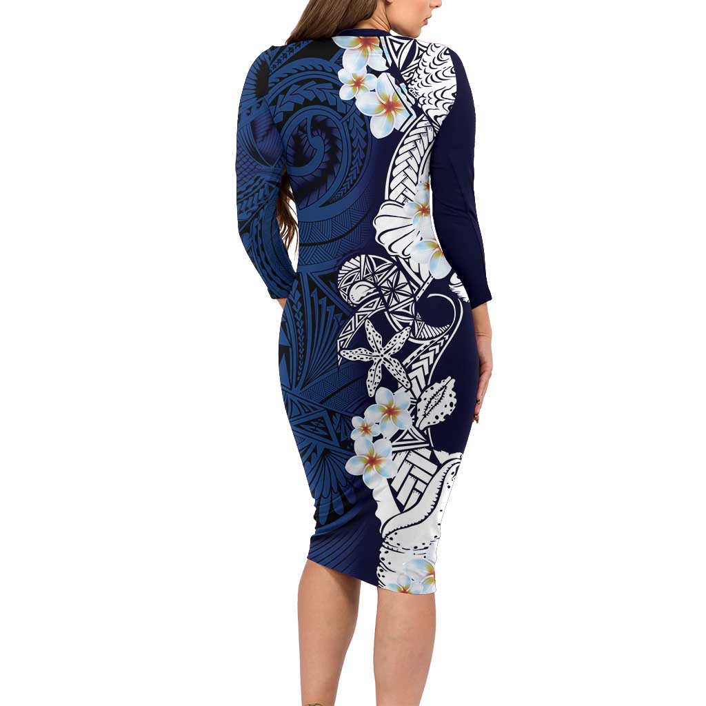 Blue Samoa Tattoo Long Sleeve Bodycon Dress Plumeria Samoan Ocean Tatau Pattern LT14 - Polynesian Pride