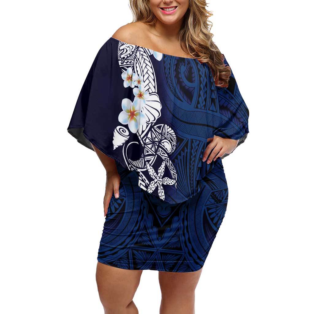 Blue Samoa Tattoo Off Shoulder Short Dress Plumeria Samoan Ocean Tatau Pattern LT14 Women Blue - Polynesian Pride
