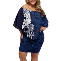 Blue Samoa Tattoo Off Shoulder Short Dress Plumeria Samoan Ocean Tatau Pattern LT14 Women Blue - Polynesian Pride