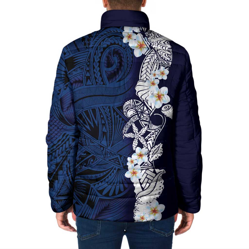 Blue Samoa Tattoo Padded Jacket Plumeria Samoan Ocean Tatau Pattern LT14 - Polynesian Pride