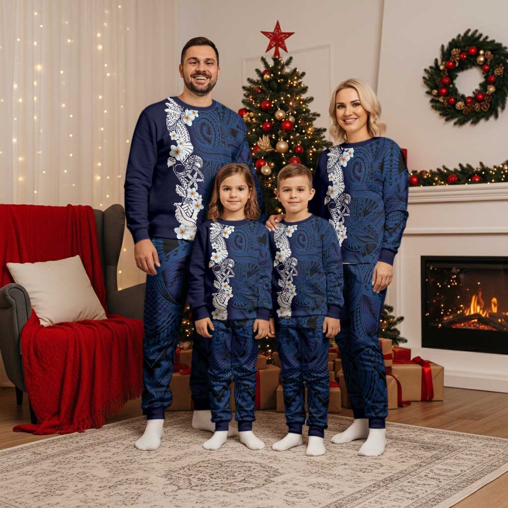 Blue Samoa Tattoo Christmas Pajama Set Plumeria Samoan Ocean Tatau Pattern LT14 - Polynesian Pride