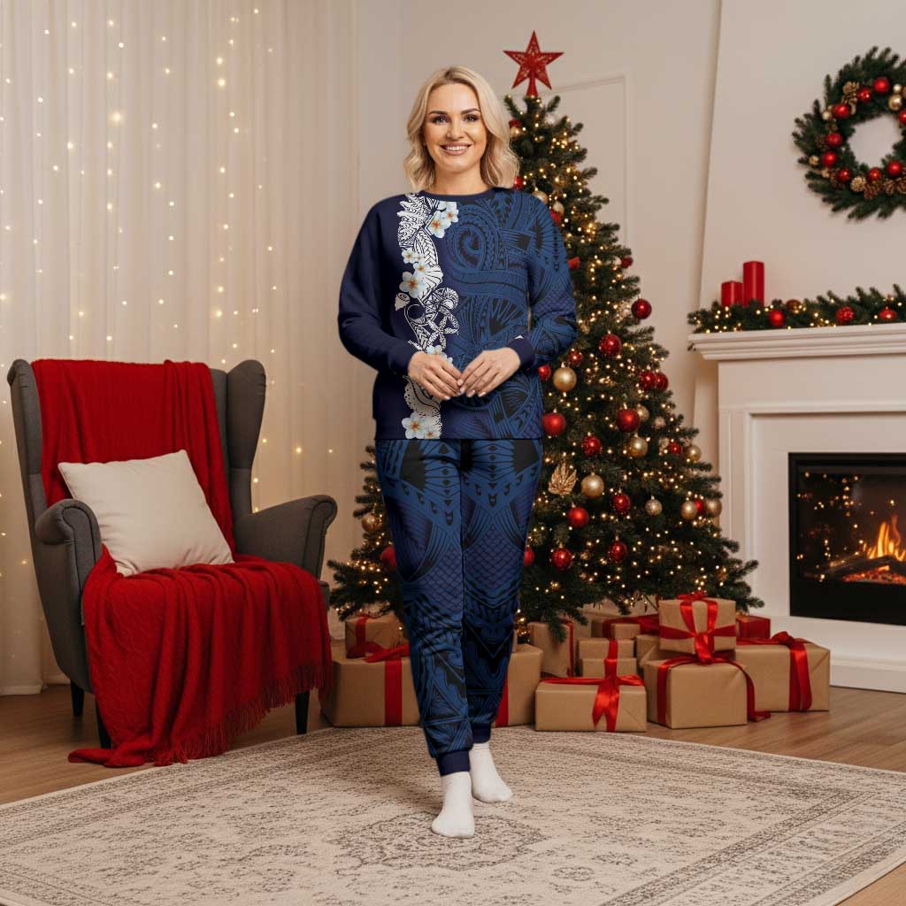 Blue Samoa Tattoo Christmas Pajama Set Plumeria Samoan Ocean Tatau Pattern LT14 Women Blue - Polynesian Pride