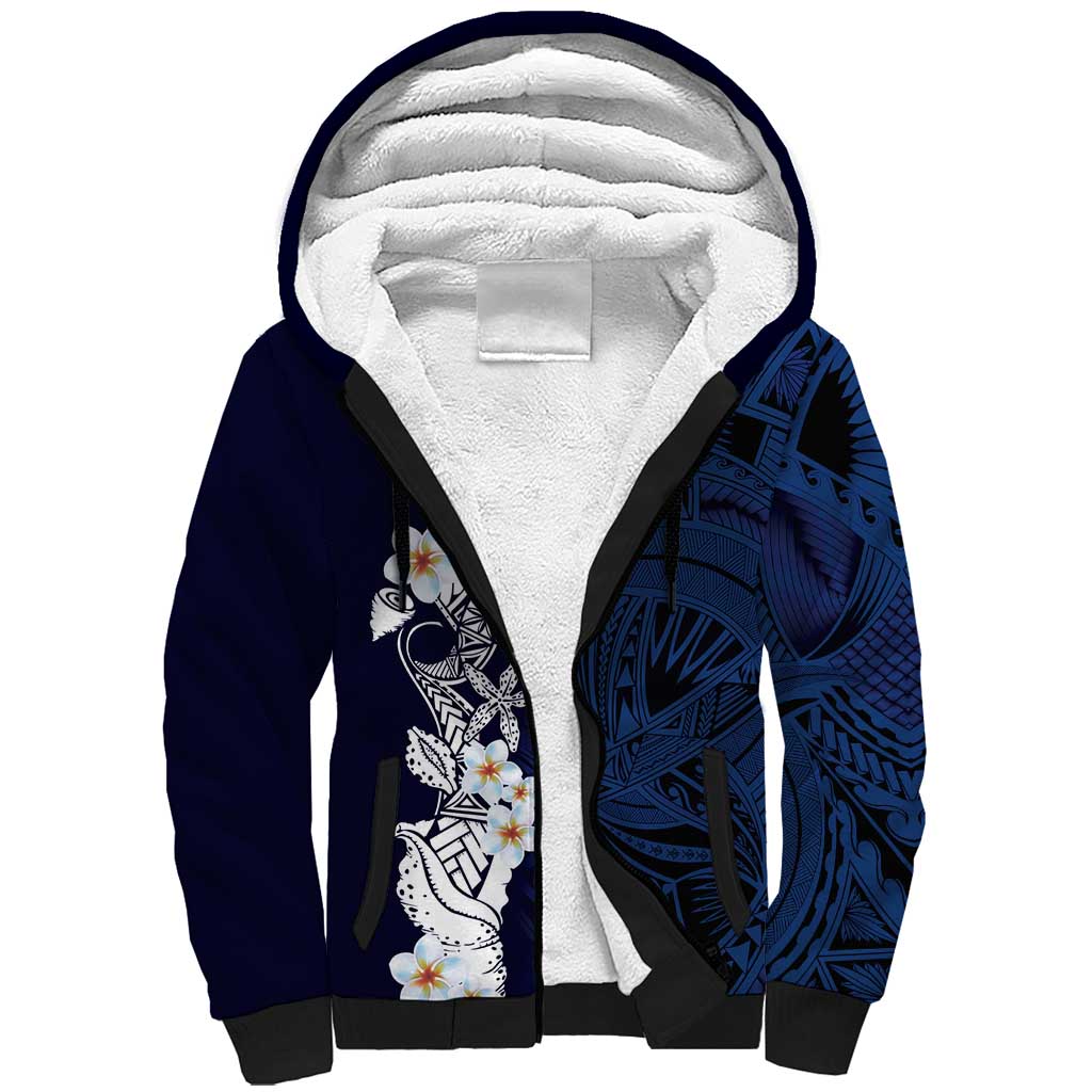 Blue Samoa Tattoo Sherpa Hoodie Plumeria Samoan Ocean Tatau Pattern LT14 Unisex Blue - Polynesian Pride