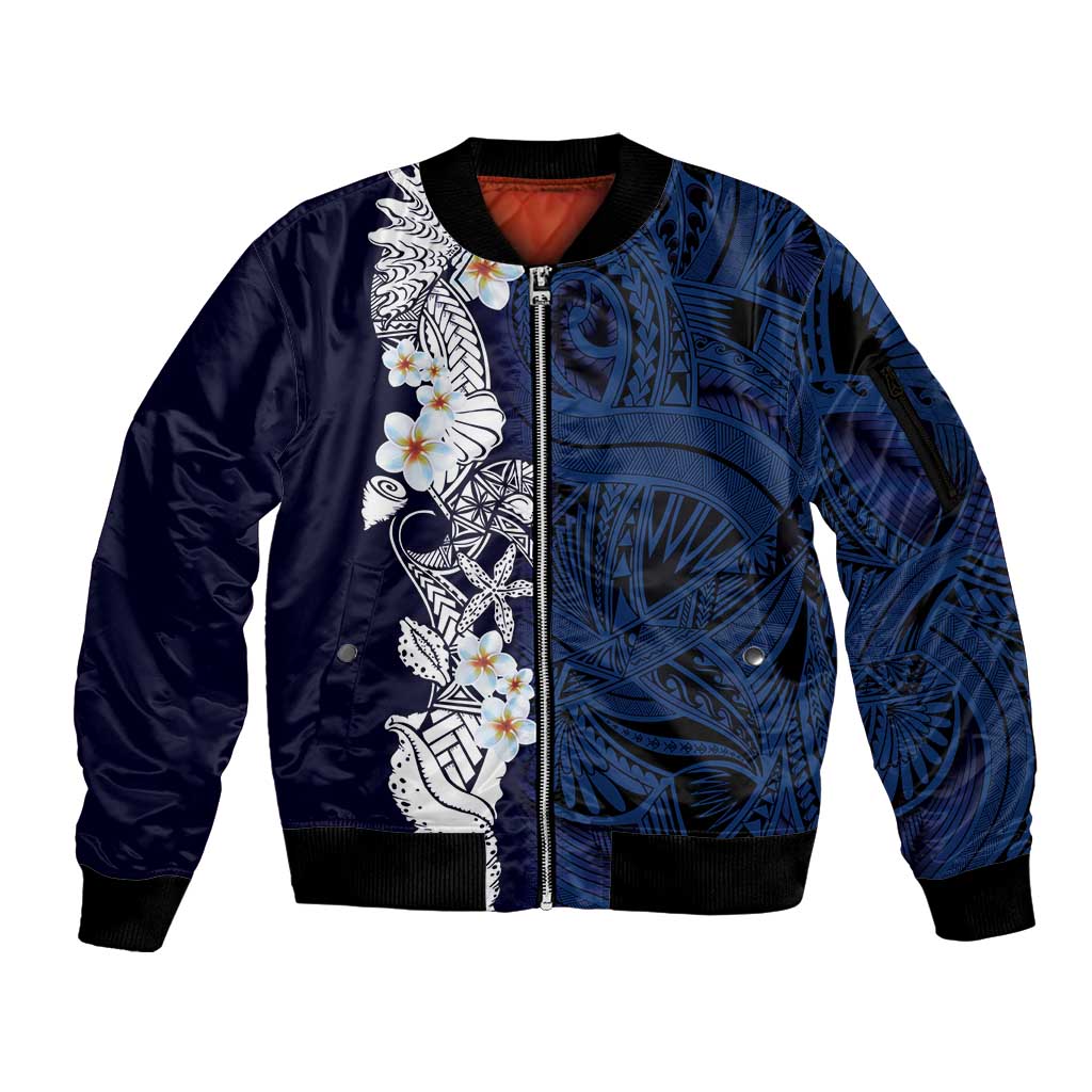Blue Samoa Tattoo Sleeve Zip Bomber Jacket Plumeria Samoan Ocean Tatau Pattern LT14 Unisex Blue - Polynesian Pride