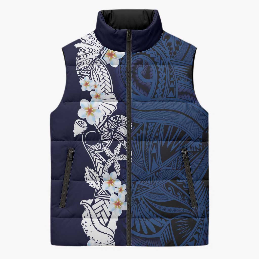 Blue Samoa Tattoo Sleeveless Puffer Jacket Plumeria Samoan Ocean Tatau Pattern LT14 Unisex Blue - Polynesian Pride