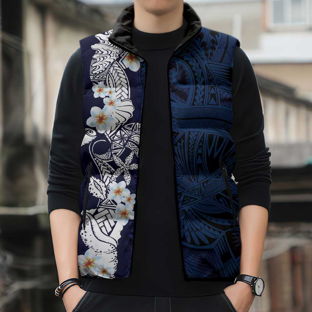 Blue Samoa Tattoo Sleeveless Puffer Jacket Plumeria Samoan Ocean Tatau Pattern LT14 - Polynesian Pride