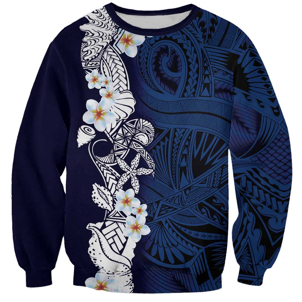 Blue Samoa Tattoo Sweatshirt Plumeria Samoan Ocean Tatau Pattern LT14 Unisex Blue - Polynesian Pride