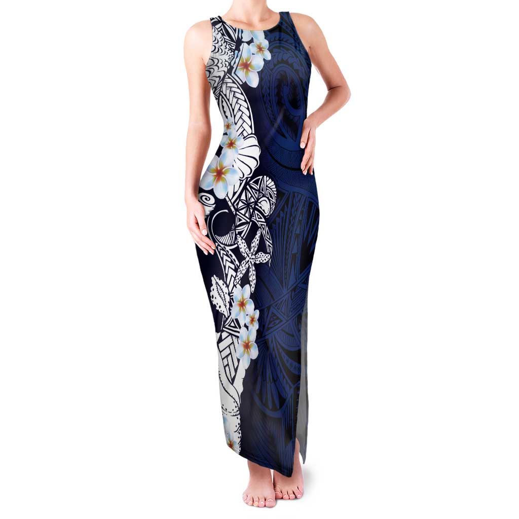 Blue Samoa Tattoo Tank Maxi Dress Plumeria Samoan Ocean Tatau Pattern LT14 Women Blue - Polynesian Pride
