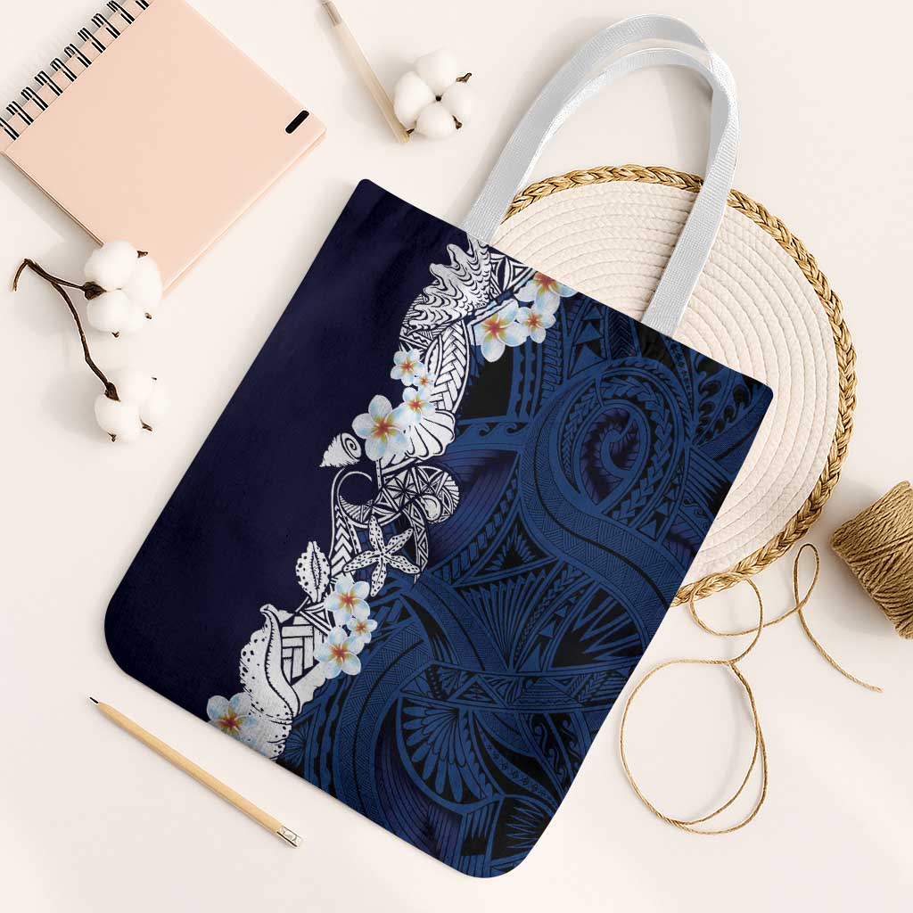 Blue Samoa Tattoo Tote Bag Plumeria Samoan Ocean Tatau Pattern LT14 White Strap One Size Blue - Polynesian Pride