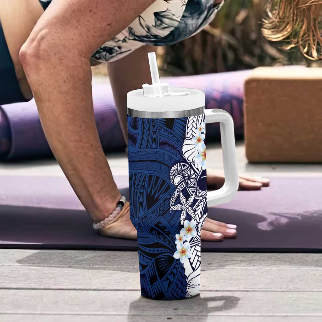 Blue Samoa Tattoo Tumbler With Handle Plumeria Samoan Ocean Tatau Pattern LT14 - Polynesian Pride