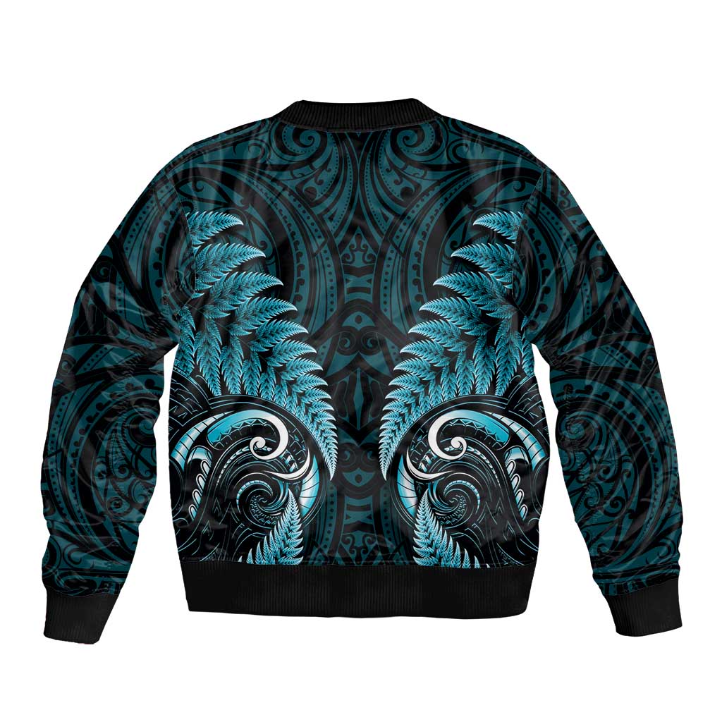 Aotearoa Pounamu Niho Bomber Jacket Silver Fern Mix Maori Pattern - Turquoise LT14 - Polynesian Pride