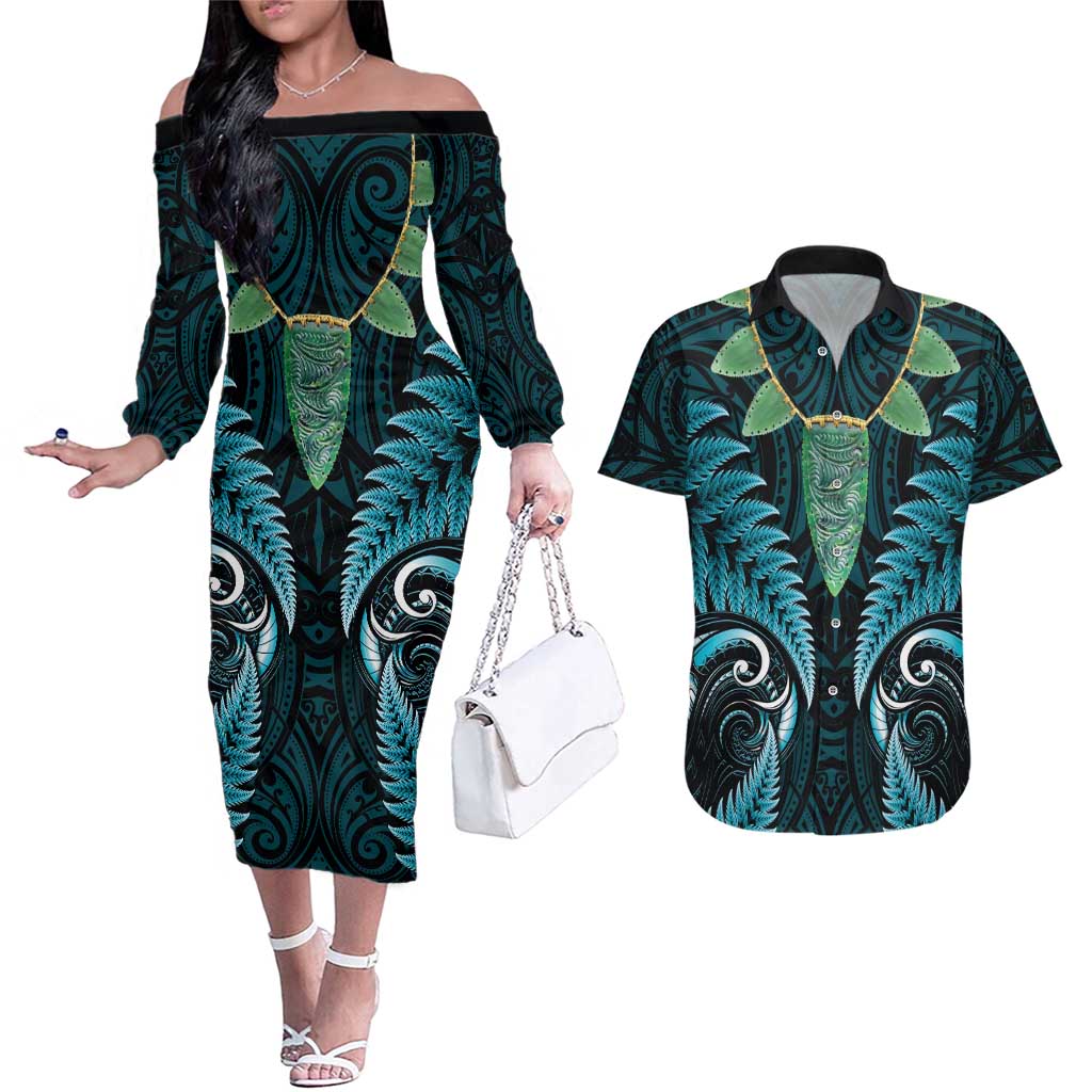 Aotearoa Pounamu Niho Couples Matching Off The Shoulder Long Sleeve Dress and Hawaiian Shirt Silver Fern Mix Maori Pattern - Turquoise