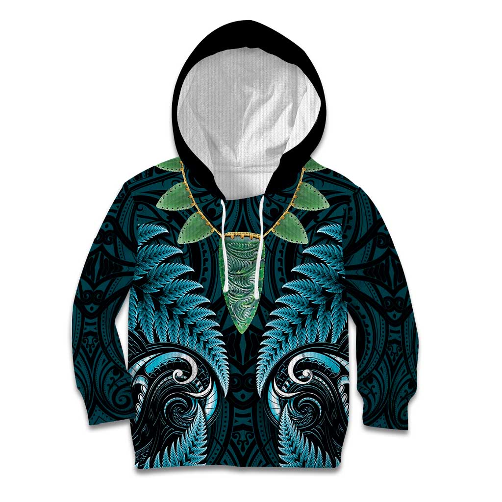 Aotearoa Pounamu Niho Kid Hoodie Silver Fern Mix Maori Pattern - Turquoise LT14 Hoodie Turquoise - Polynesian Pride