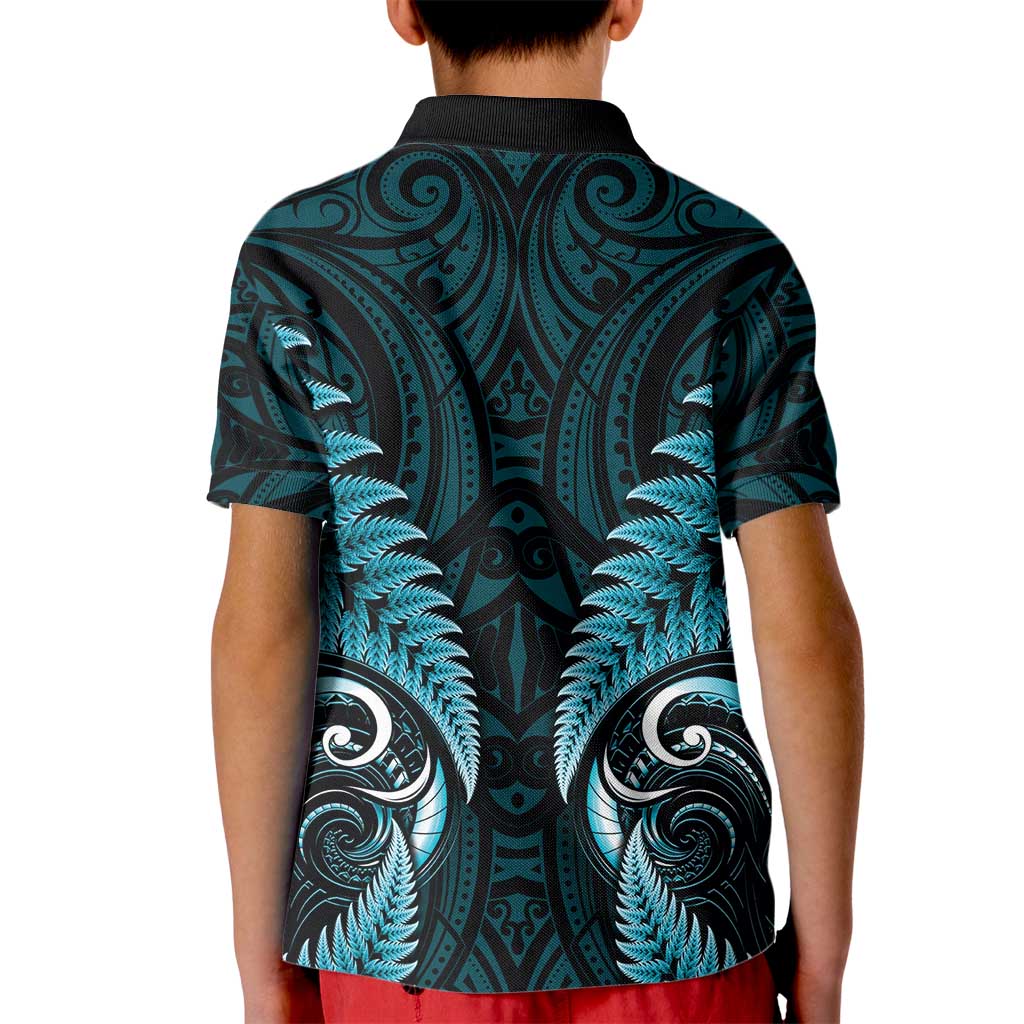 Aotearoa Pounamu Niho Kid Polo Shirt Silver Fern Mix Maori Pattern - Turquoise LT14 - Polynesian Pride