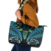 Aotearoa Pounamu Niho Leather Tote Bag Silver Fern Mix Maori Pattern - Turquoise LT14 Turquoise - Polynesian Pride