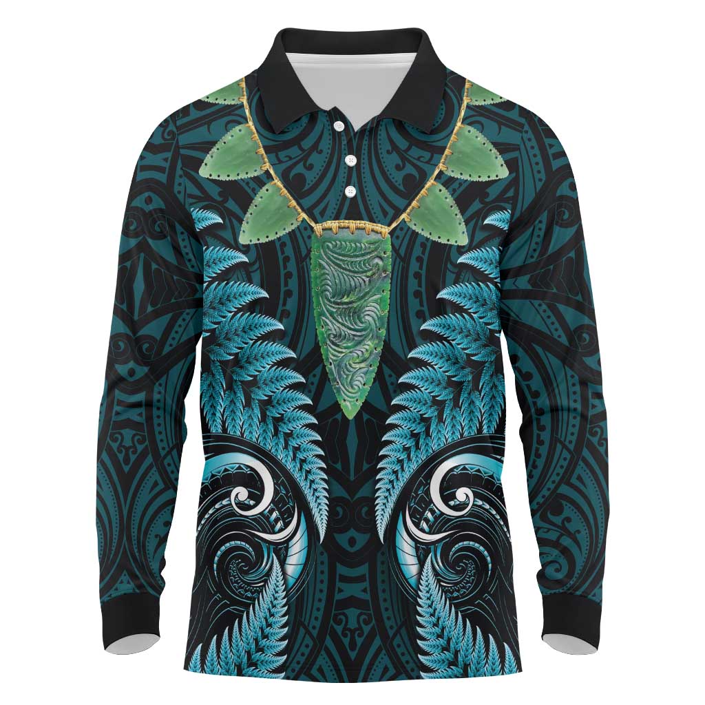 Aotearoa Pounamu Niho Long Sleeve Polo Shirt Silver Fern Mix Maori Pattern - Turquoise LT14 Turquoise - Polynesian Pride