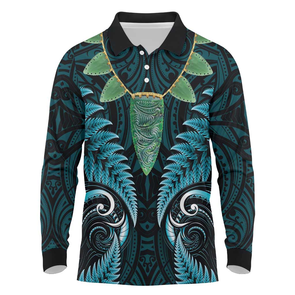 Aotearoa Pounamu Niho Long Sleeve Polo Shirt Silver Fern Mix Maori Pattern - Turquoise