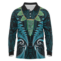 Aotearoa Pounamu Niho Long Sleeve Polo Shirt Silver Fern Mix Maori Pattern - Turquoise LT14 Turquoise - Polynesian Pride