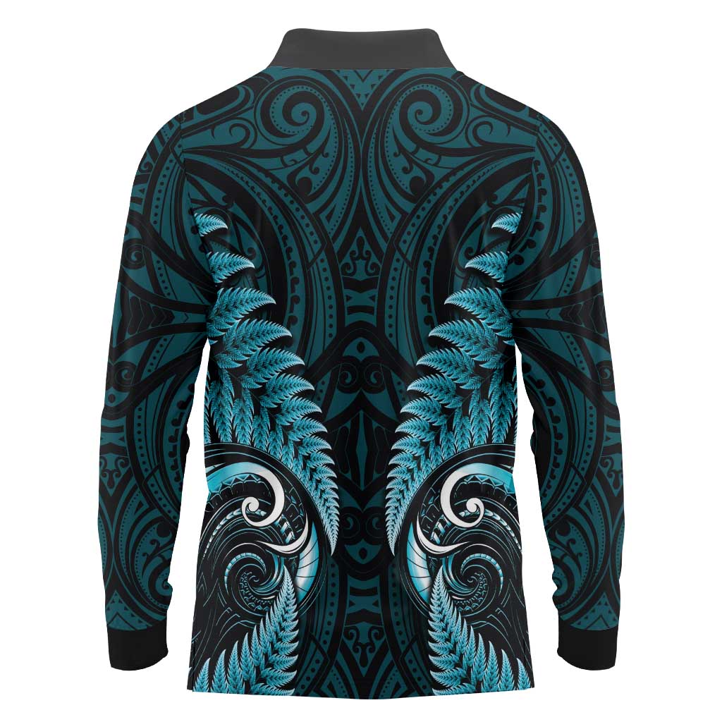 Aotearoa Pounamu Niho Long Sleeve Polo Shirt Silver Fern Mix Maori Pattern - Turquoise LT14 - Polynesian Pride