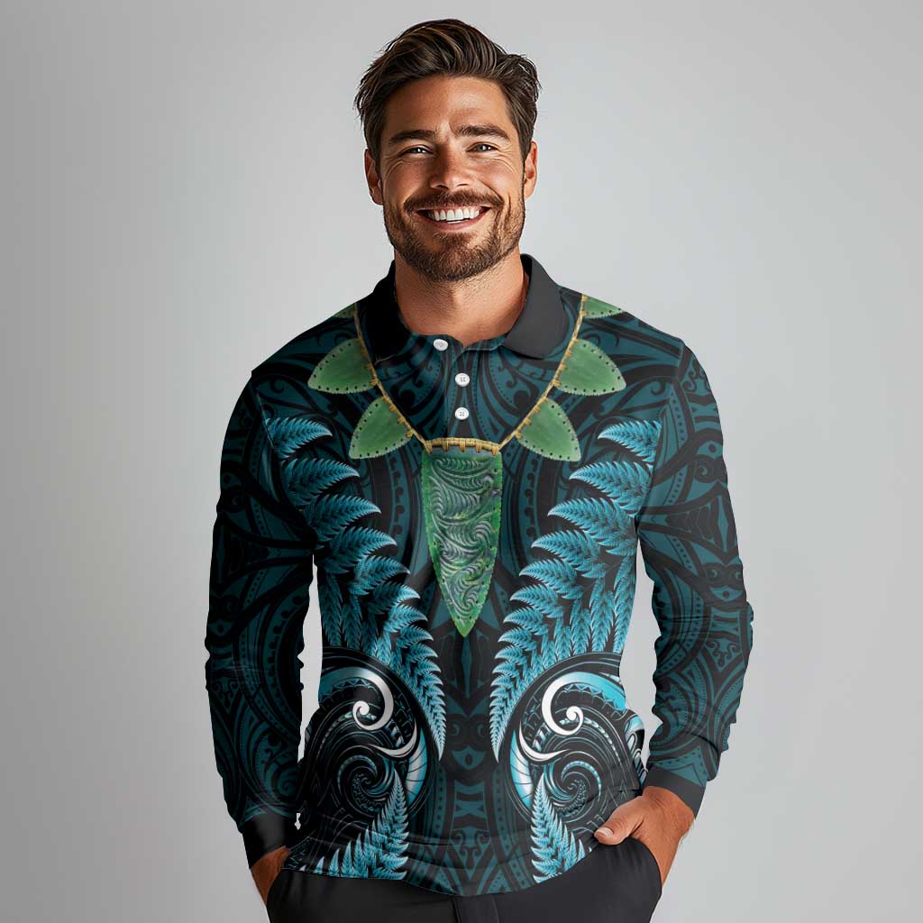 Aotearoa Pounamu Niho Long Sleeve Polo Shirt Silver Fern Mix Maori Pattern - Turquoise LT14 - Polynesian Pride