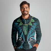 Aotearoa Pounamu Niho Long Sleeve Polo Shirt Silver Fern Mix Maori Pattern - Turquoise LT14 - Polynesian Pride