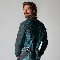 Aotearoa Pounamu Niho Long Sleeve Polo Shirt Silver Fern Mix Maori Pattern - Turquoise LT14 - Polynesian Pride