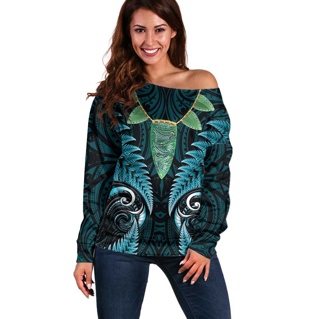 Aotearoa Pounamu Niho Off Shoulder Sweater Silver Fern Mix Maori Pattern - Turquoise LT14 Women Turquoise - Polynesian Pride