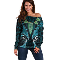 Aotearoa Pounamu Niho Off Shoulder Sweater Silver Fern Mix Maori Pattern - Turquoise LT14 Women Turquoise - Polynesian Pride