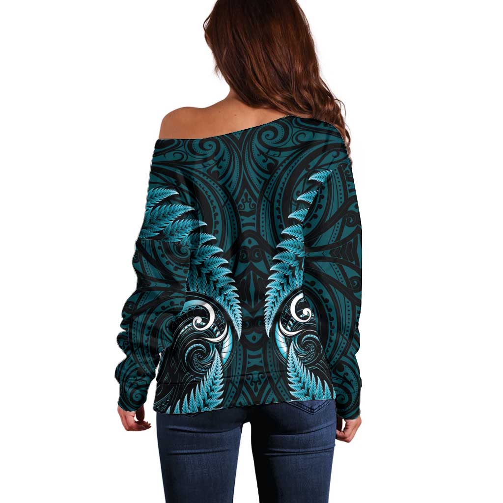 Aotearoa Pounamu Niho Off Shoulder Sweater Silver Fern Mix Maori Pattern - Turquoise LT14 - Polynesian Pride