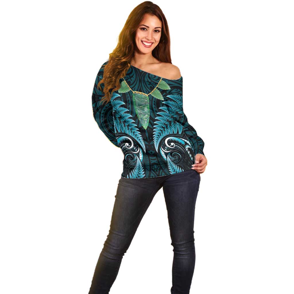 Aotearoa Pounamu Niho Off Shoulder Sweater Silver Fern Mix Maori Pattern - Turquoise LT14 - Polynesian Pride