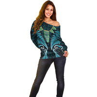Aotearoa Pounamu Niho Off Shoulder Sweater Silver Fern Mix Maori Pattern - Turquoise LT14 - Polynesian Pride