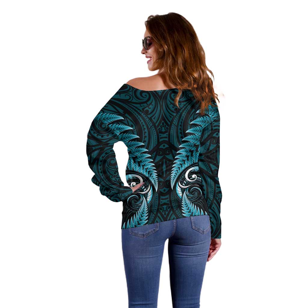Aotearoa Pounamu Niho Off Shoulder Sweater Silver Fern Mix Maori Pattern - Turquoise LT14 - Polynesian Pride