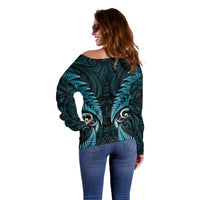 Aotearoa Pounamu Niho Off Shoulder Sweater Silver Fern Mix Maori Pattern - Turquoise LT14 - Polynesian Pride