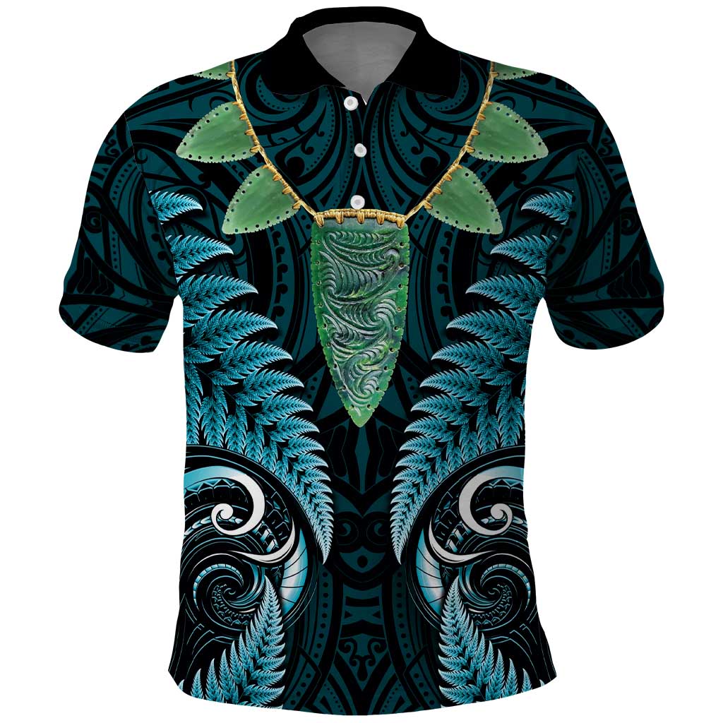 Aotearoa Pounamu Niho Polo Shirt Silver Fern Mix Maori Pattern - Turquoise