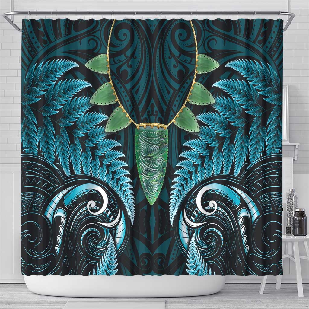 Aotearoa Pounamu Niho Shower Curtain Silver Fern Mix Maori Pattern - Turquoise LT14 - Polynesian Pride