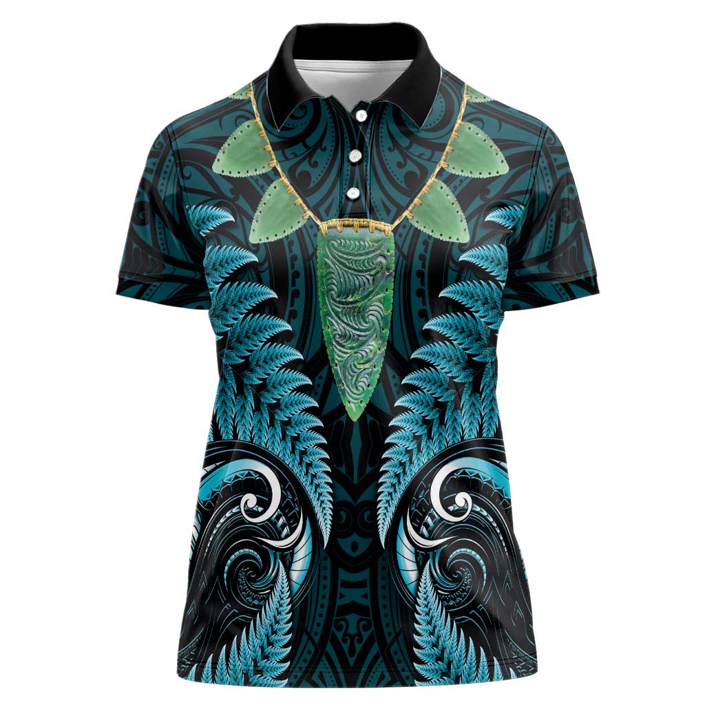 Aotearoa Pounamu Niho Women Polo Shirt Silver Fern Mix Maori Pattern - Turquoise