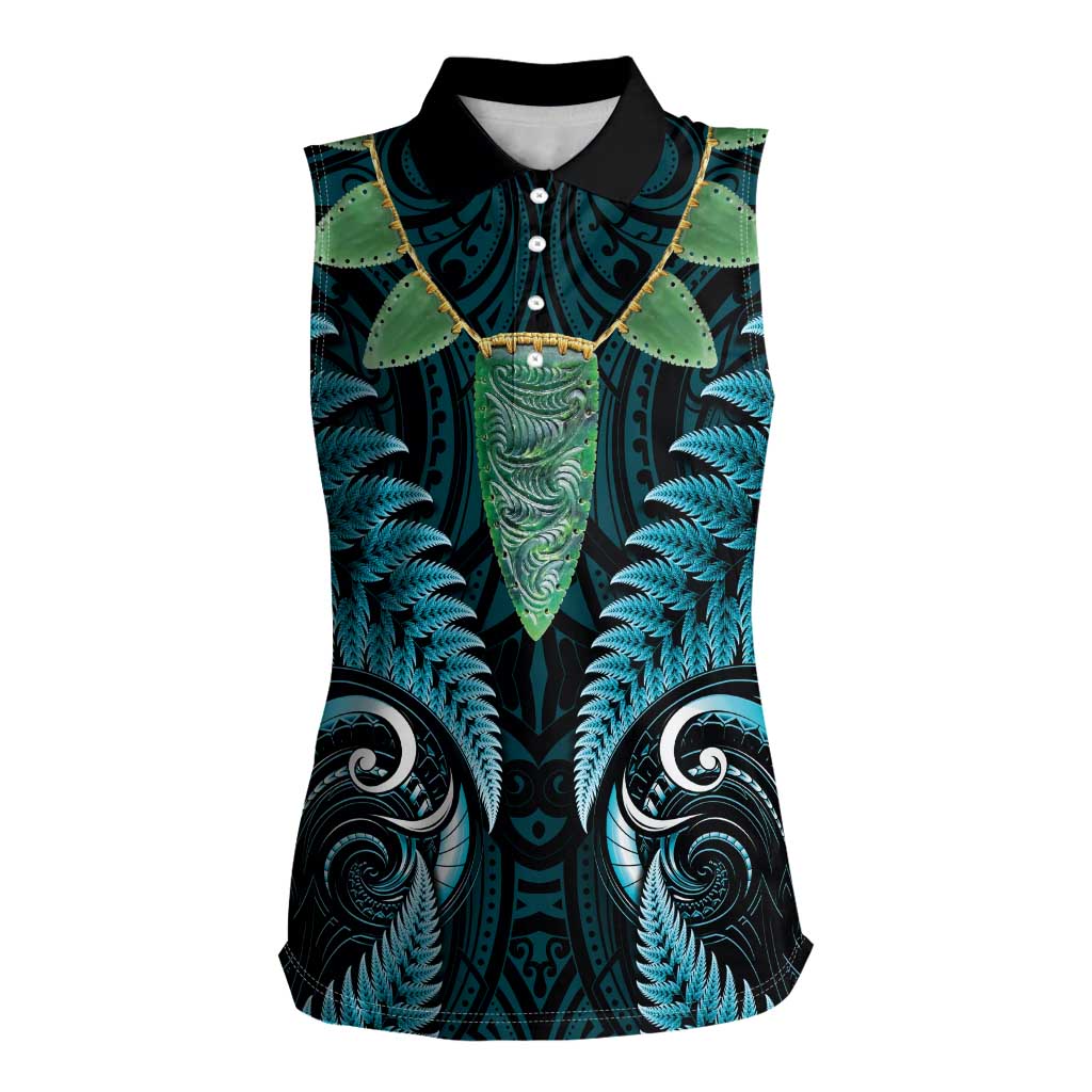 Aotearoa Pounamu Niho Women Sleeveless Polo Shirt Silver Fern Mix Maori Pattern - Turquoise