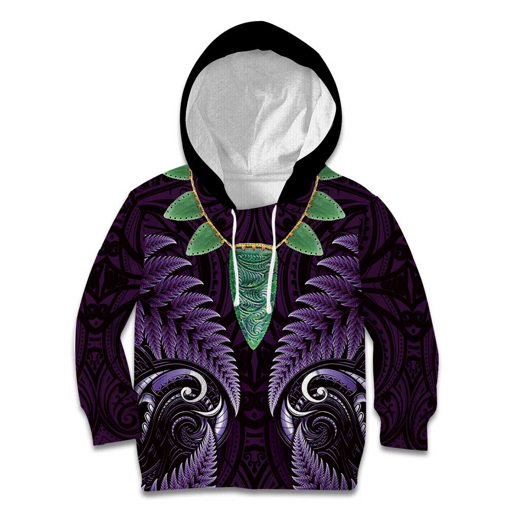 Aotearoa Pounamu Niho Kid Hoodie Silver Fern Mix Maori Pattern - Purple LT14 Hoodie Purple - Polynesian Pride